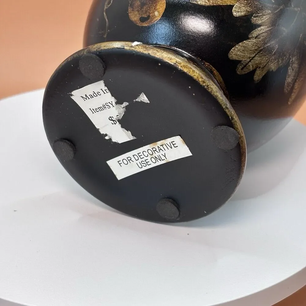 Decorative Black Lidded Urn Canister Gold Acorn Oak Leaf Harvest Decor 12